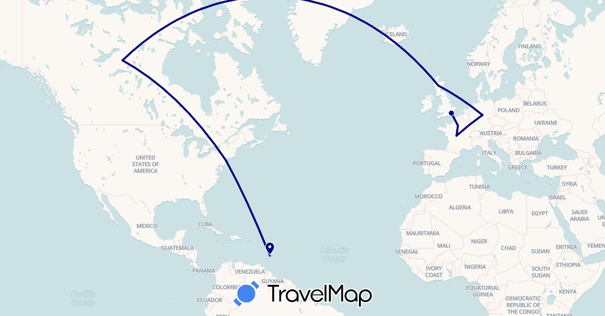 TravelMap itinerary: driving in Barbados, Canada, Germany, France, United Kingdom, United States (Europe, North America)